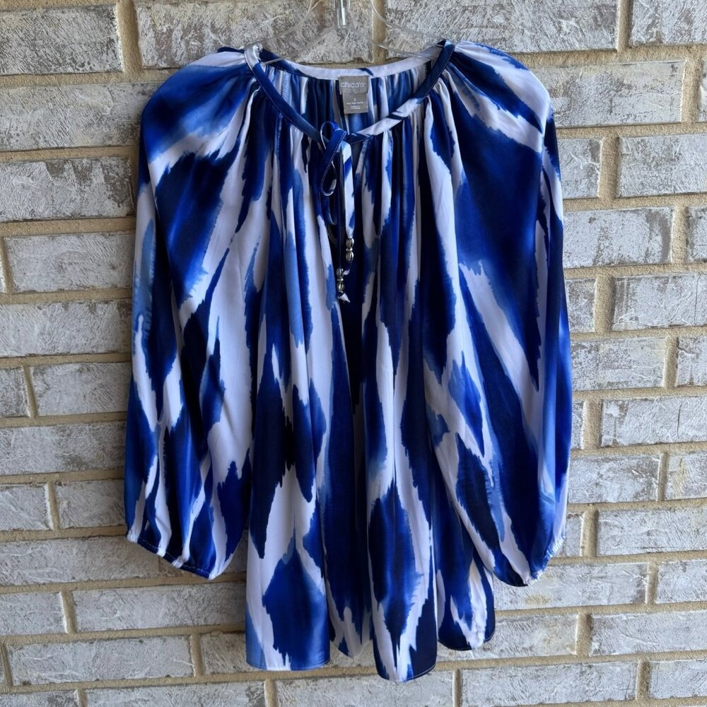 Chico's Blue and White Watercolor Tie-Neck Blouse